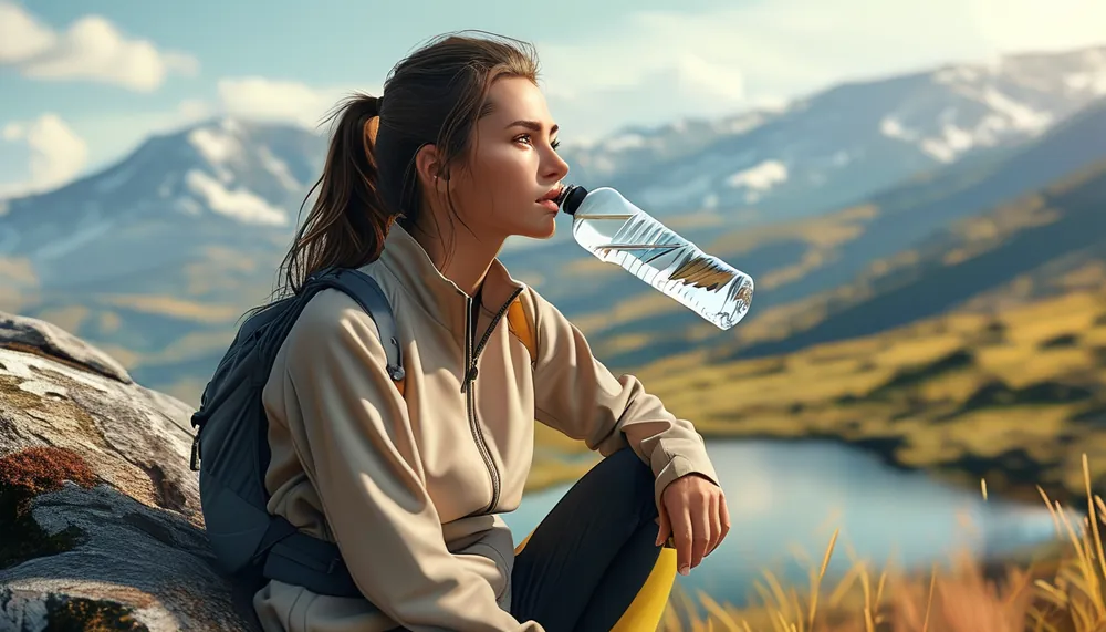 Woman drinking water during a hike break